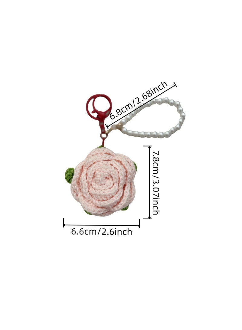 Cute Crochet Rose Keychains Handmade Knitted Flower Keychains With Pearl Chain - Image 2